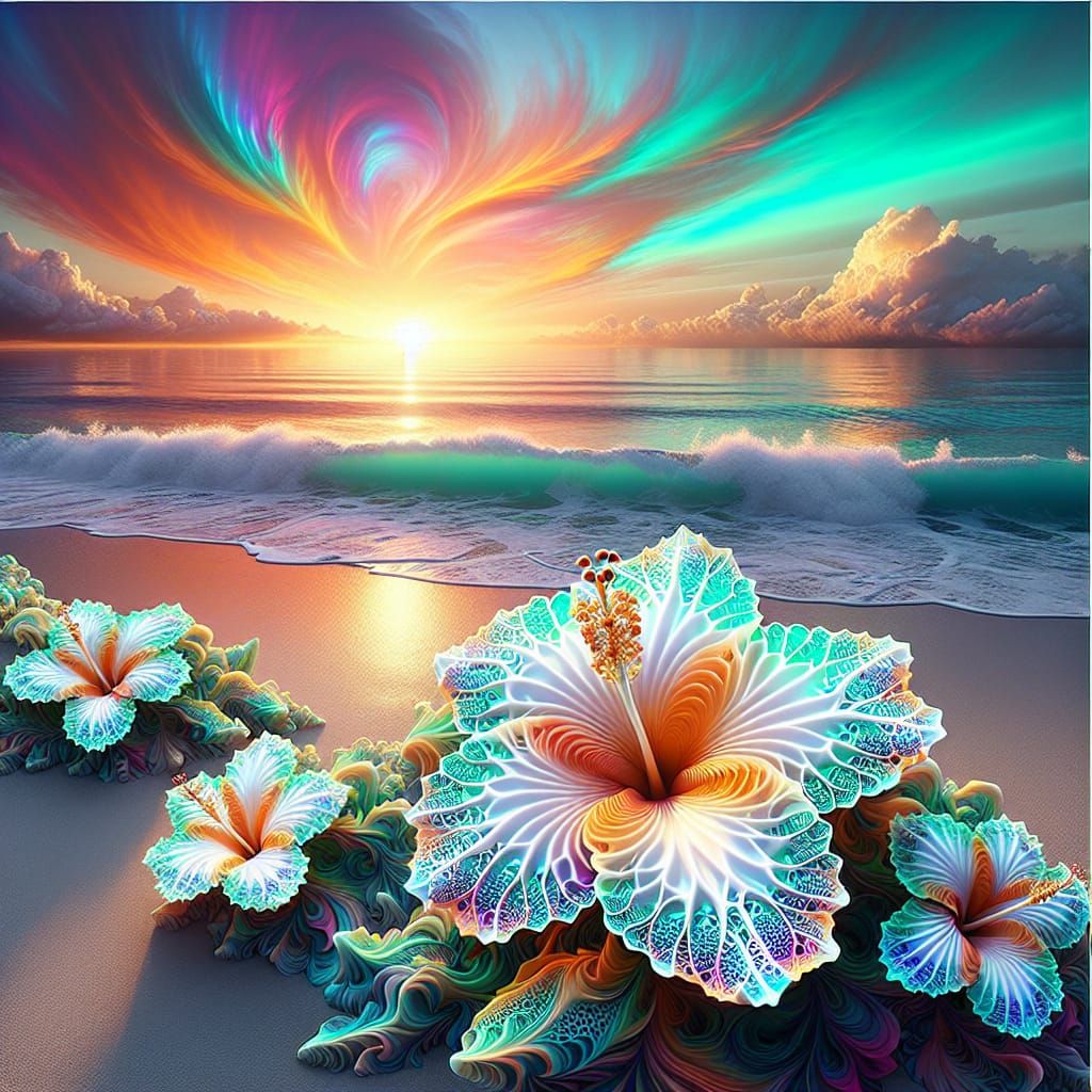 Sunset Beach with Holographic Hibiscus Flowers
