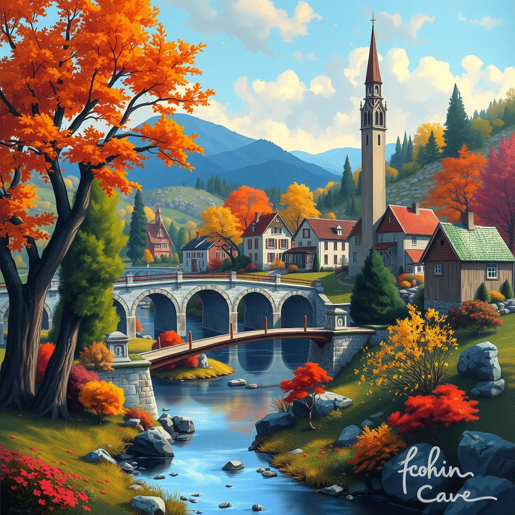 Colorful Autumn Village Dream Scenery Painting
