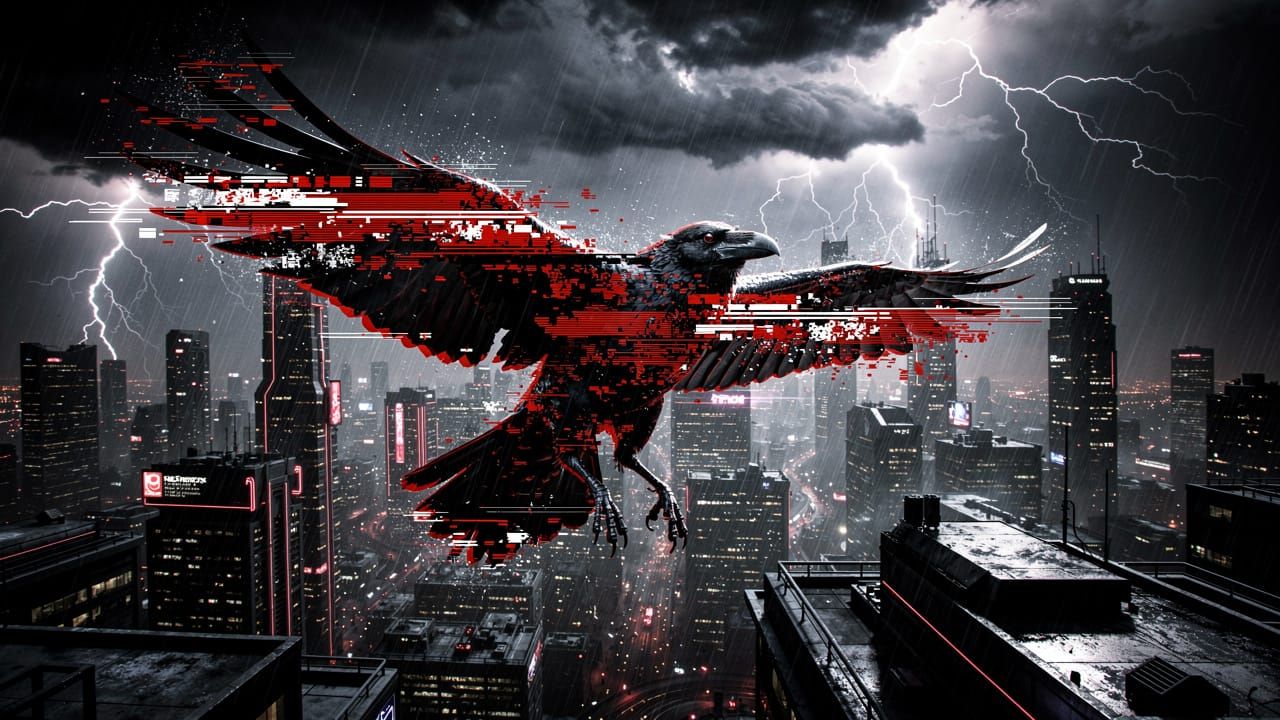 Glitched Raven in Stormy Cityscape with Vivid Red Accents