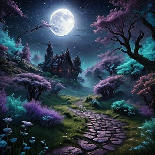 Mystical Forest Moonlit Landscape Digital Matte Painting