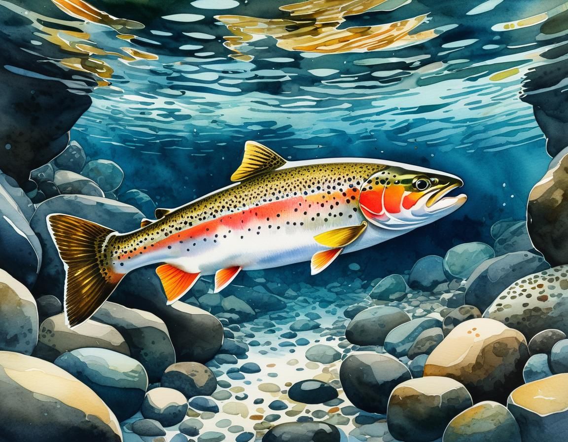 Realistic Trout in Stony River: Watercolor Painting