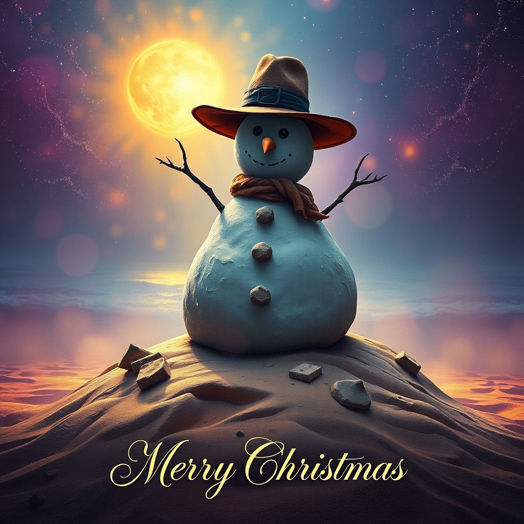 Sand Snowman on Mystical Beach in Art Nouveau Style