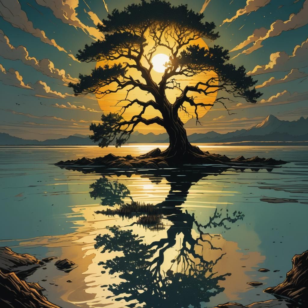 Lone Tree Silhouette in Comic Book Art Style