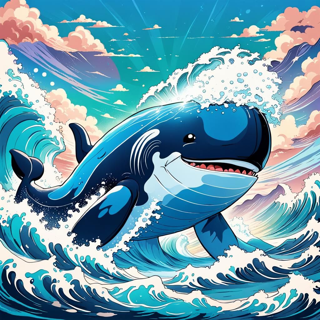 Colossal Inflatable Whale Rides Wave in Anime Style