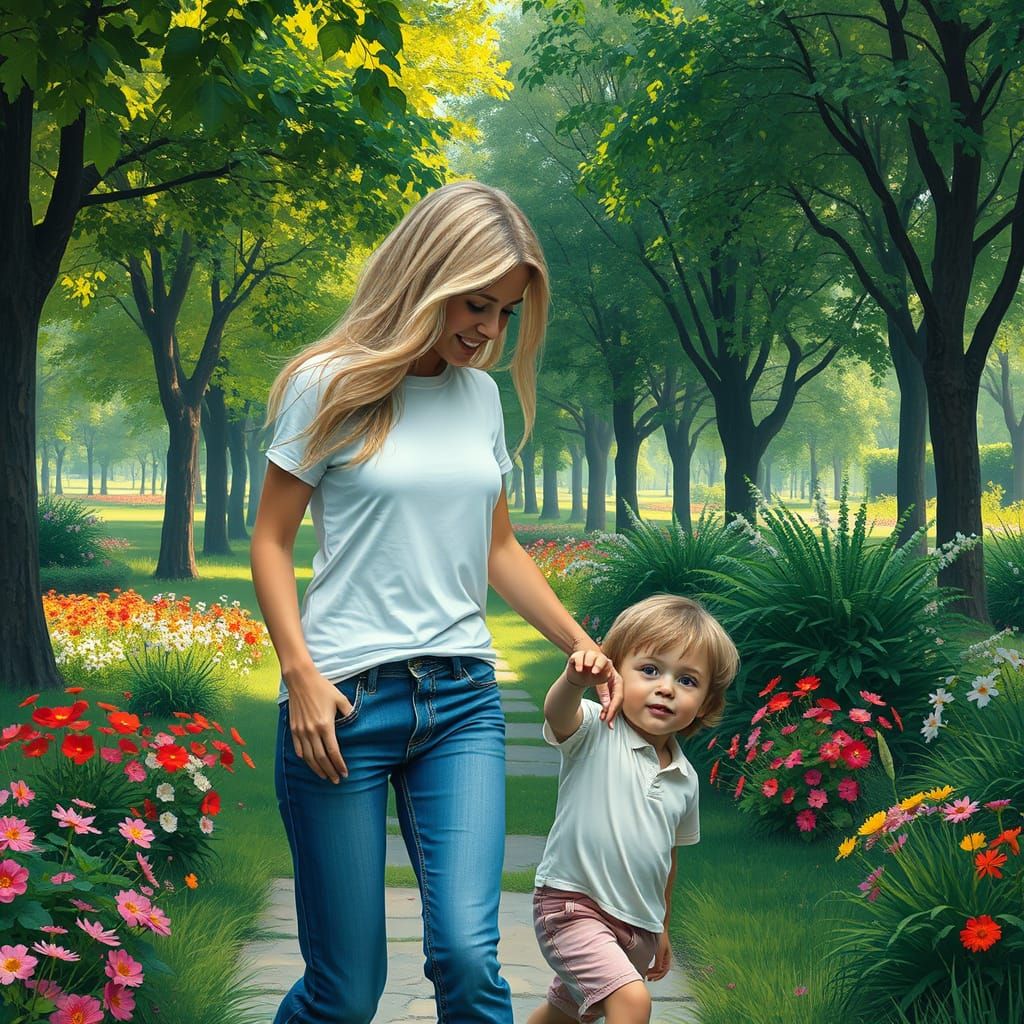 Mother and Son in Vibrant Park, Matte Painting