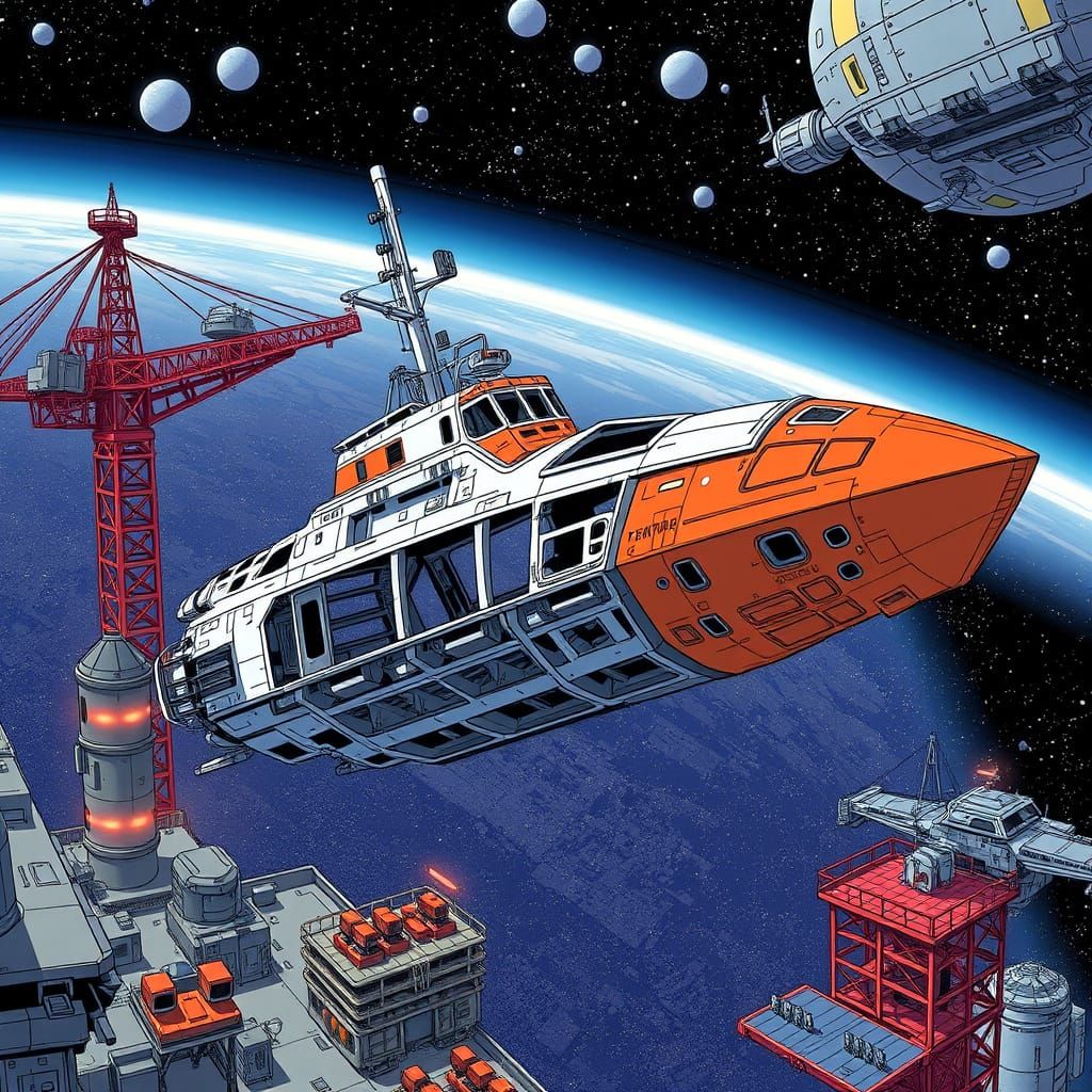 Anime Spaceship Construction in Orbit