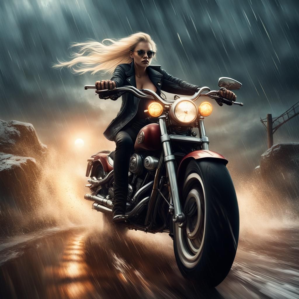 Outlaw Biker Rides Through Storm: Fantasy Concept Art