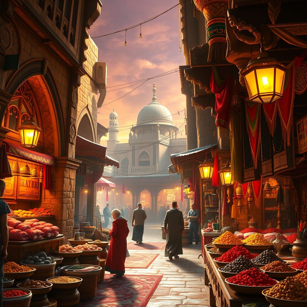 Mystical Arabian Night Market in Vibrant, Golden Light