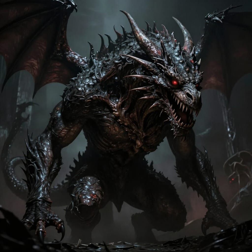 Monstrous Dragon Head Creature in Gothic Horror Style