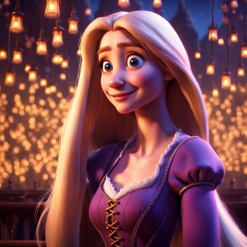 Rapunzel smiling detailed, beautiful, adorable face, very lo...