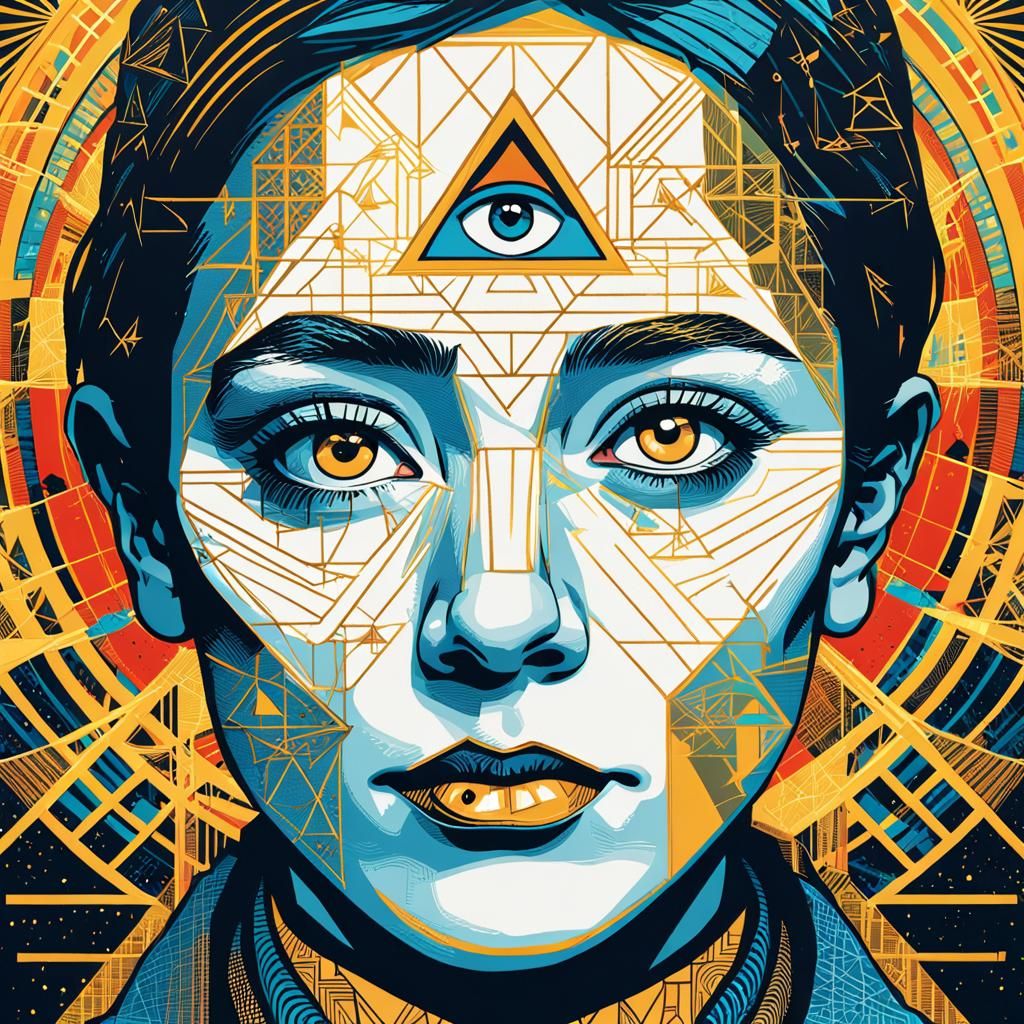 Pop Art Portrait with Illuminati Symbols in Triadic Colors