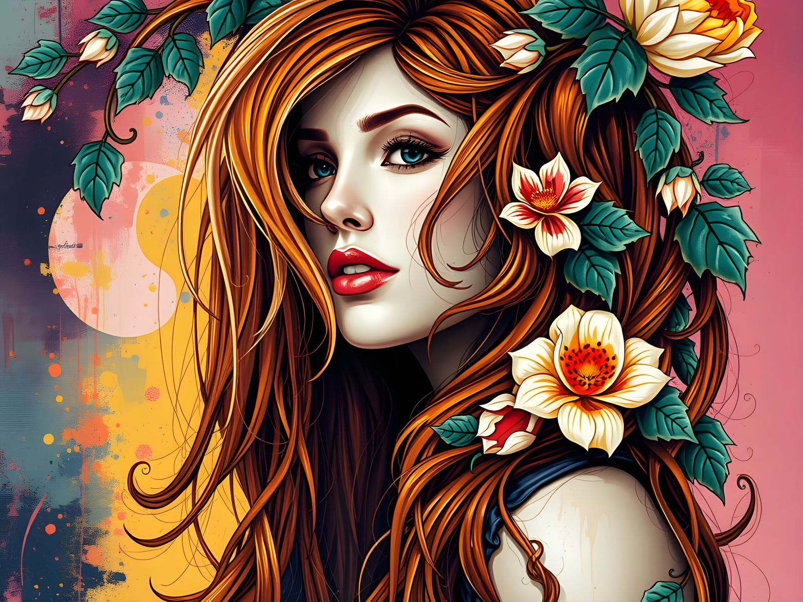 Auburn Goddess in Vibrant Graffiti Art