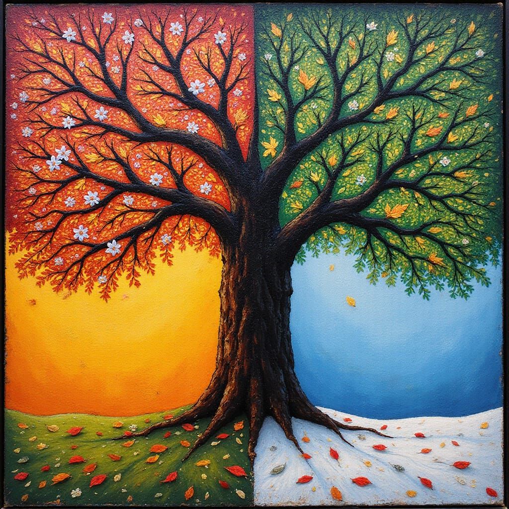 Four Seasons Tree: Art Nouveau Inspired Split Image