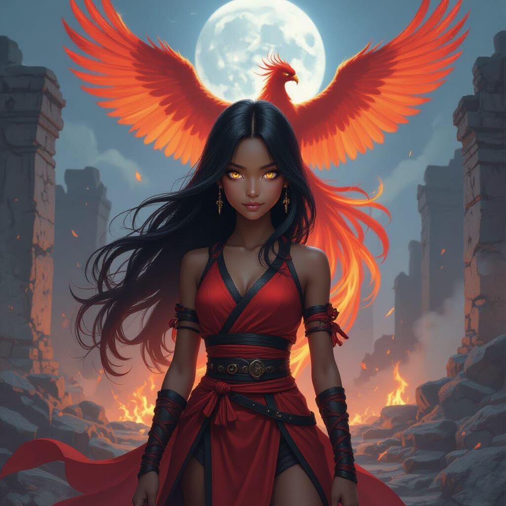 Dark-Skinned Teen Ninja with Phoenix in Fantasy Ruins