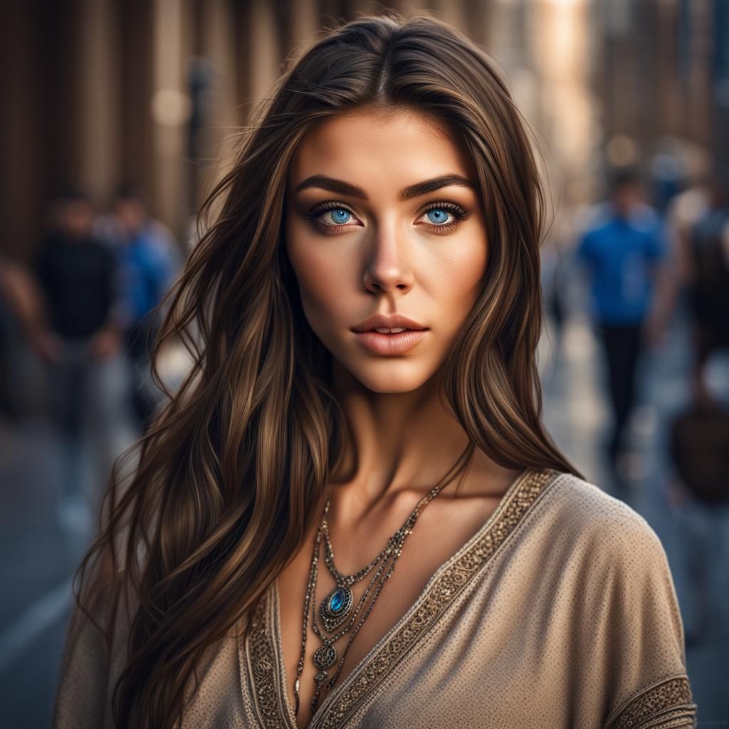 Hyperrealistic Portrait of a Tan Woman with Blue Eyes