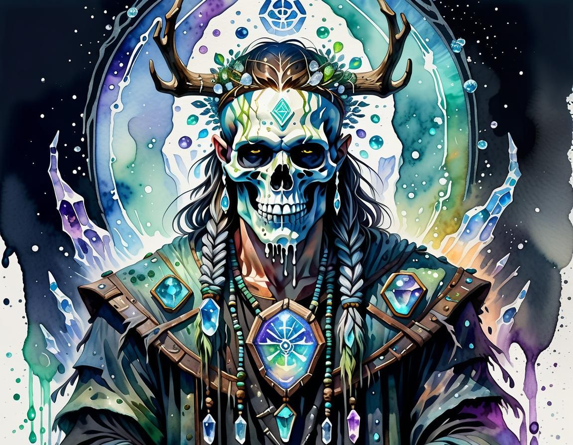 Druid Man with Skull, Watercolour, Crystals and Runes