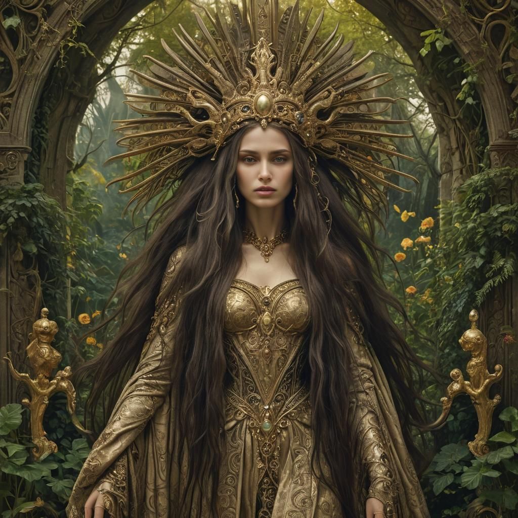 Mysterious Woman in Baroque Garden with Tarot Elements