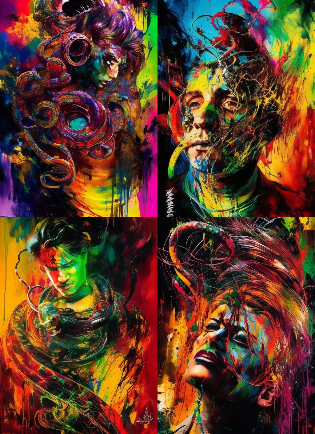 Colorful Snakes Coil in Dramatic Oil Painting