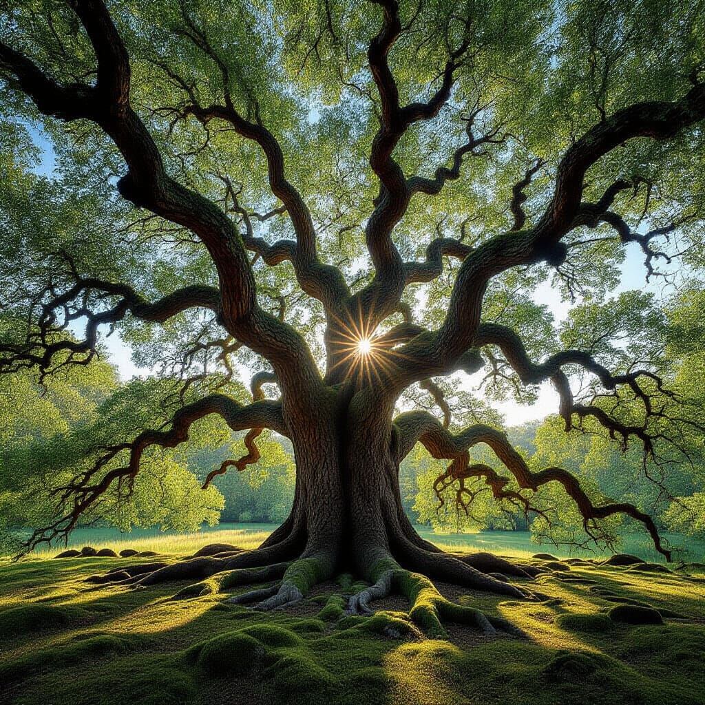 Majestic Ancient Oak Tree in Dappled Sunlight