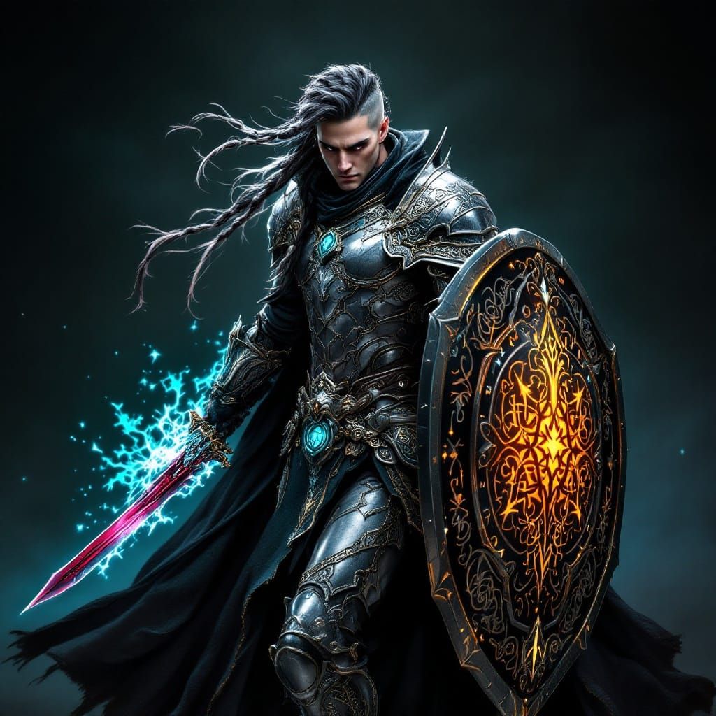 Majestic Goth Paladin in Celtic-Inspired Armor, Raven-Haired...