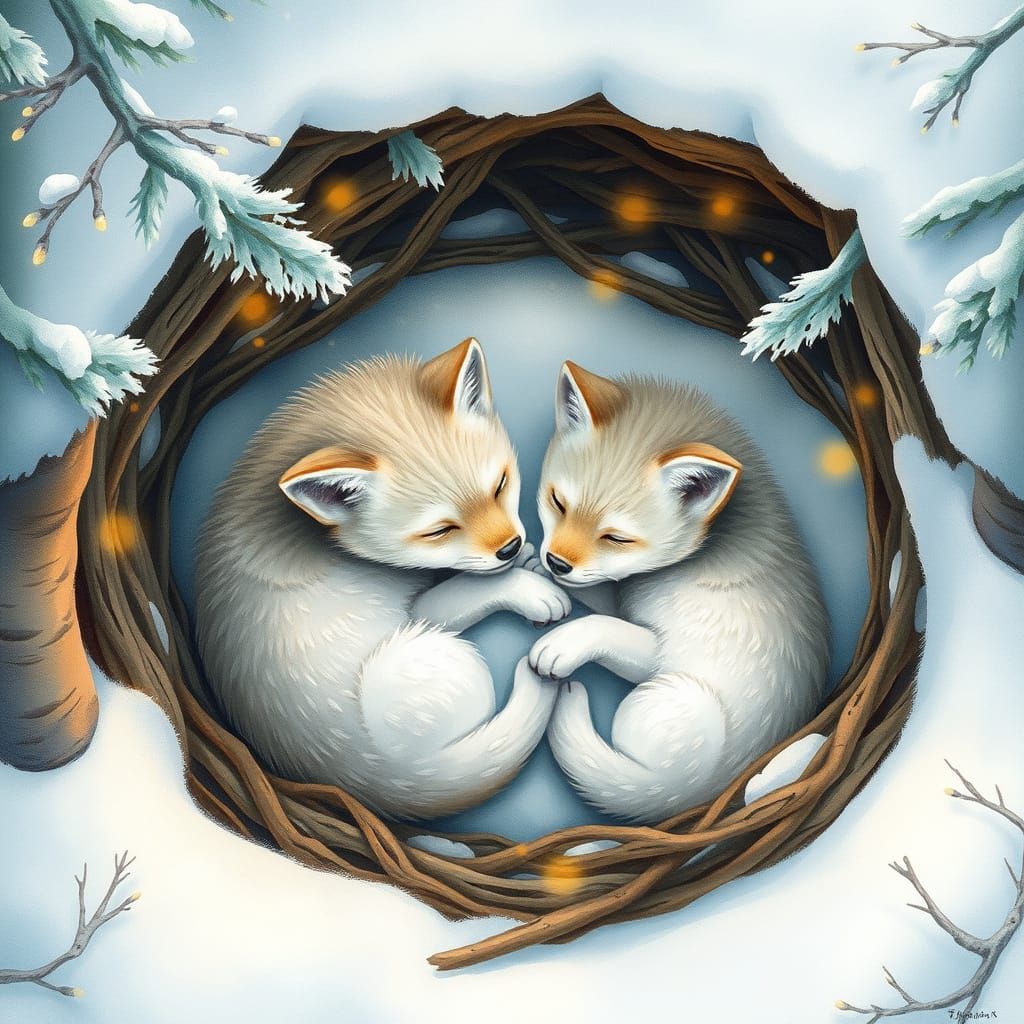 Wolf Cubs Sleeping in Snowy Den, Watercolor Style