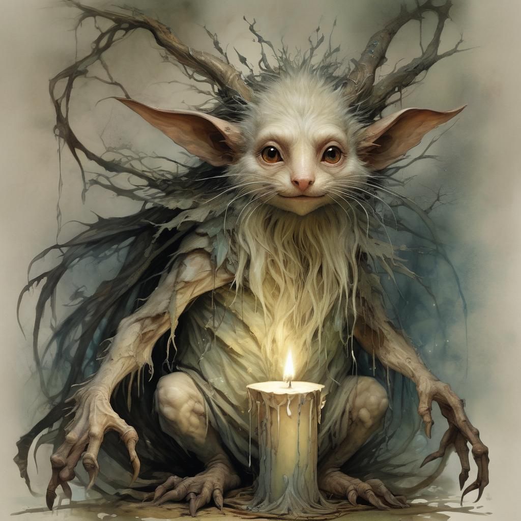 Magical Creature in Candlelight, Brian Froud Style