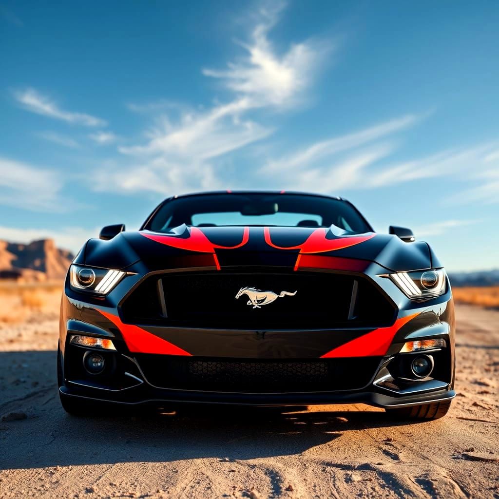 Black Ford Mustang with Flames in Nevada Desert