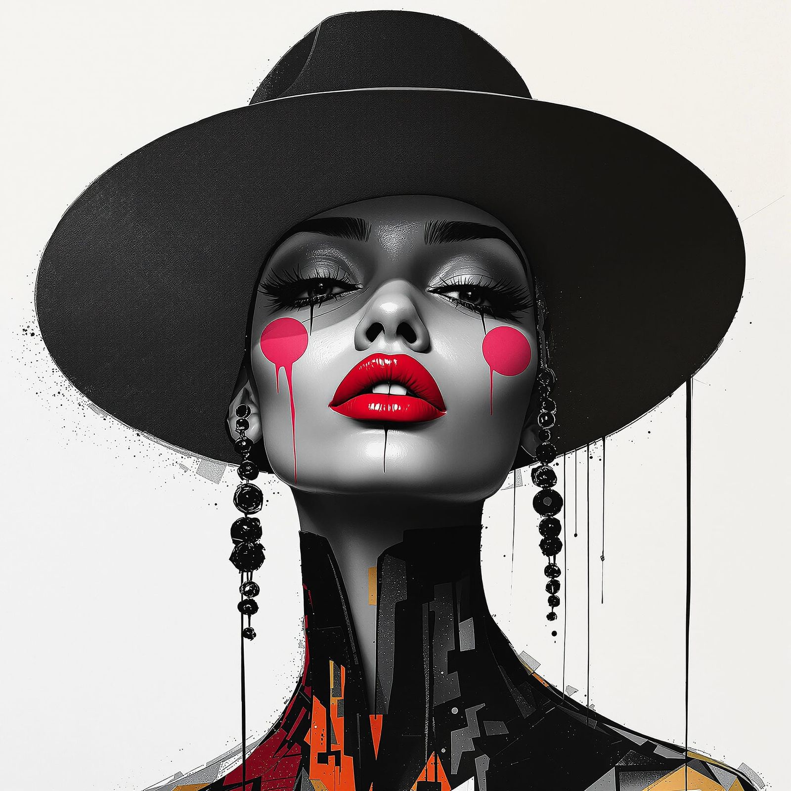 Surreal Portrait of Woman with Rose Lips and Hat