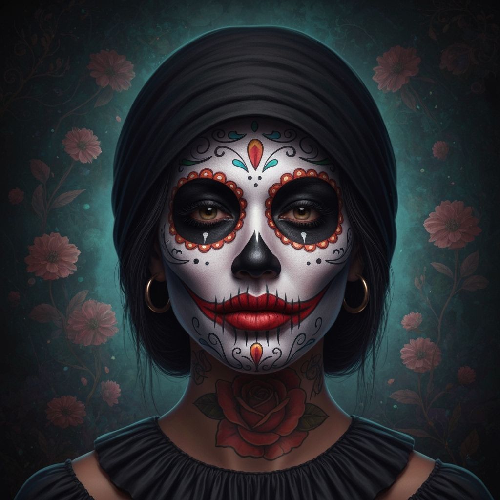 Chicana Payasa Portrait with Dia de los Muertos Motifs