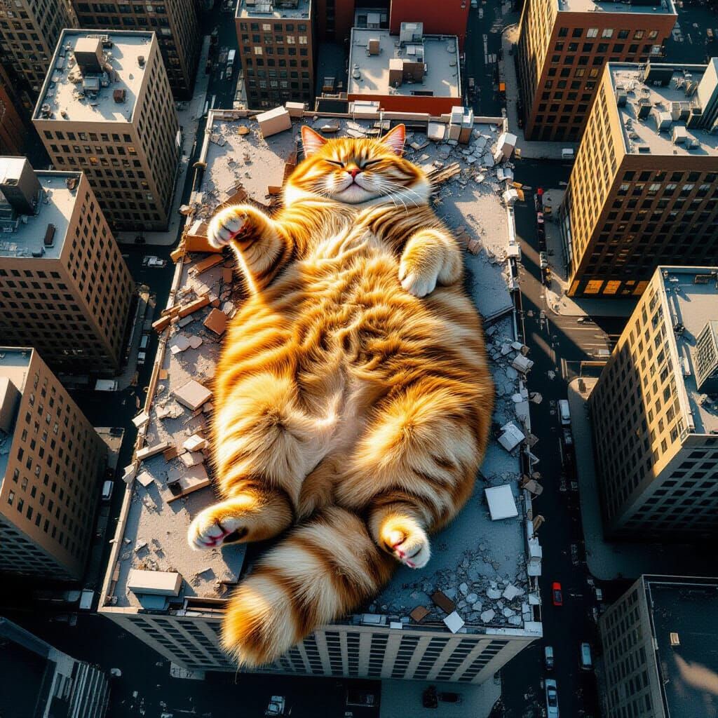 Giant Cat Crushes City in Cinematic Aerial View