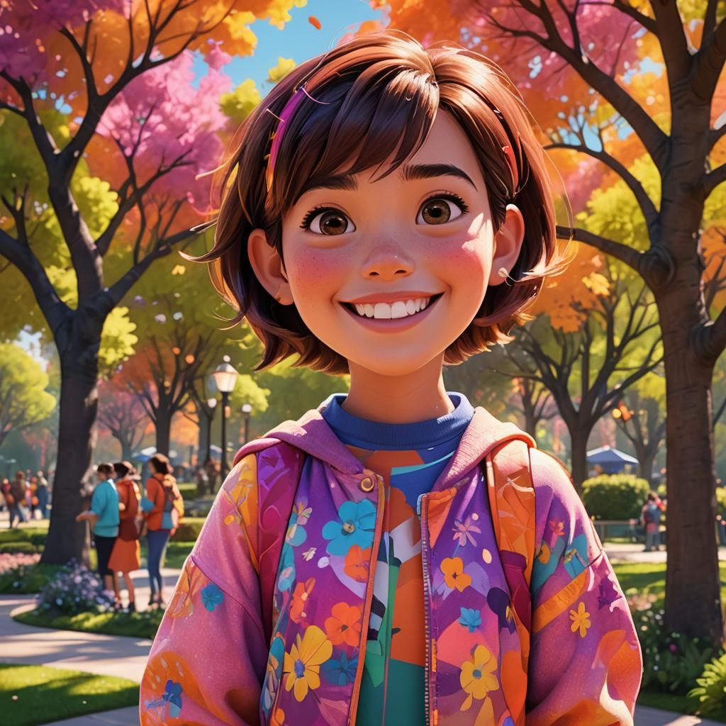 Joyful Pixar-Style Girl in Vibrant Park