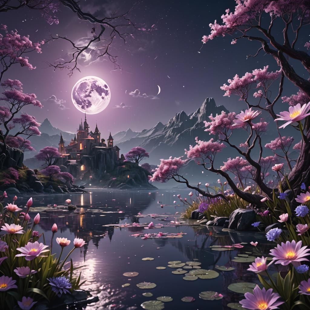 Fantasy Purple Flowers Reflecting Moonlight in 8k
