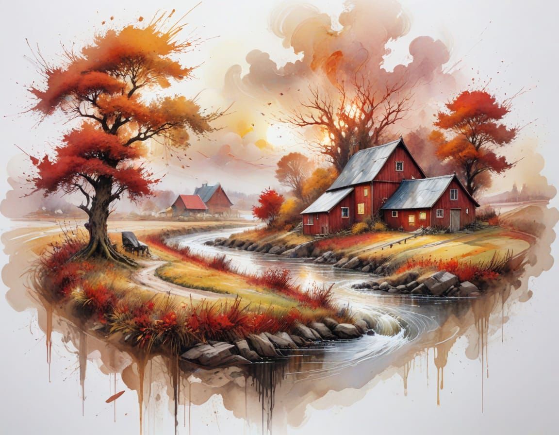 Hyperrealistic Autumn Landscape with River in Watercolor Sty...