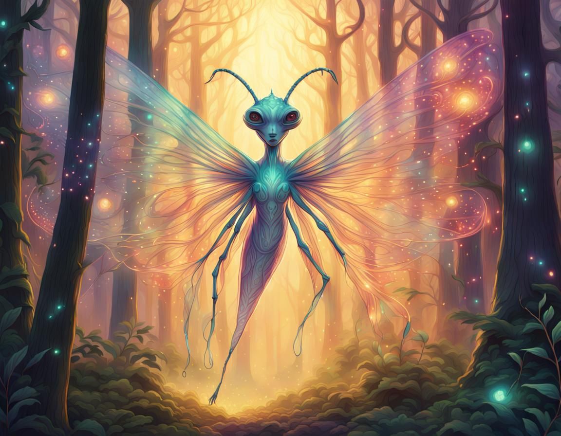 Ethereal Firefly Alien in Enchanted Forest