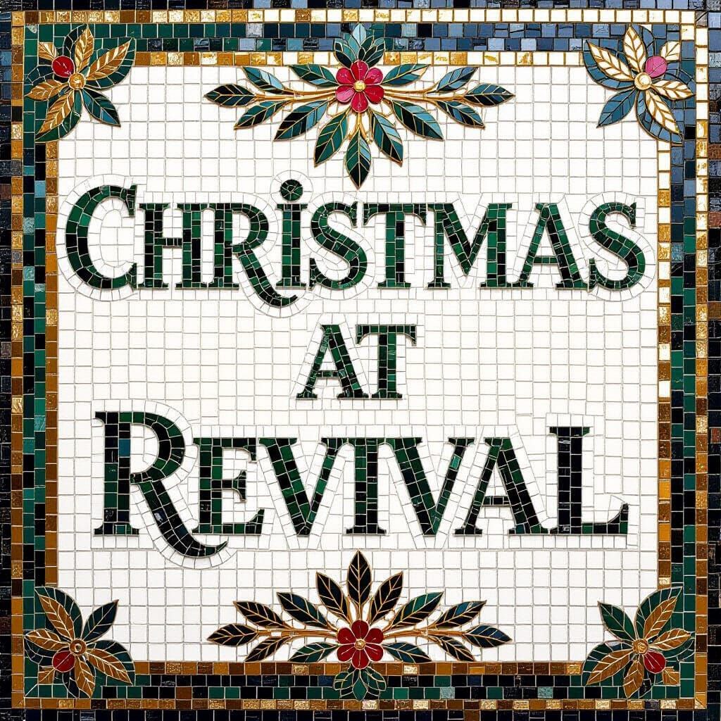 Mosaic Artwork Reads "Christmas at Revival" with Art Nouveau...