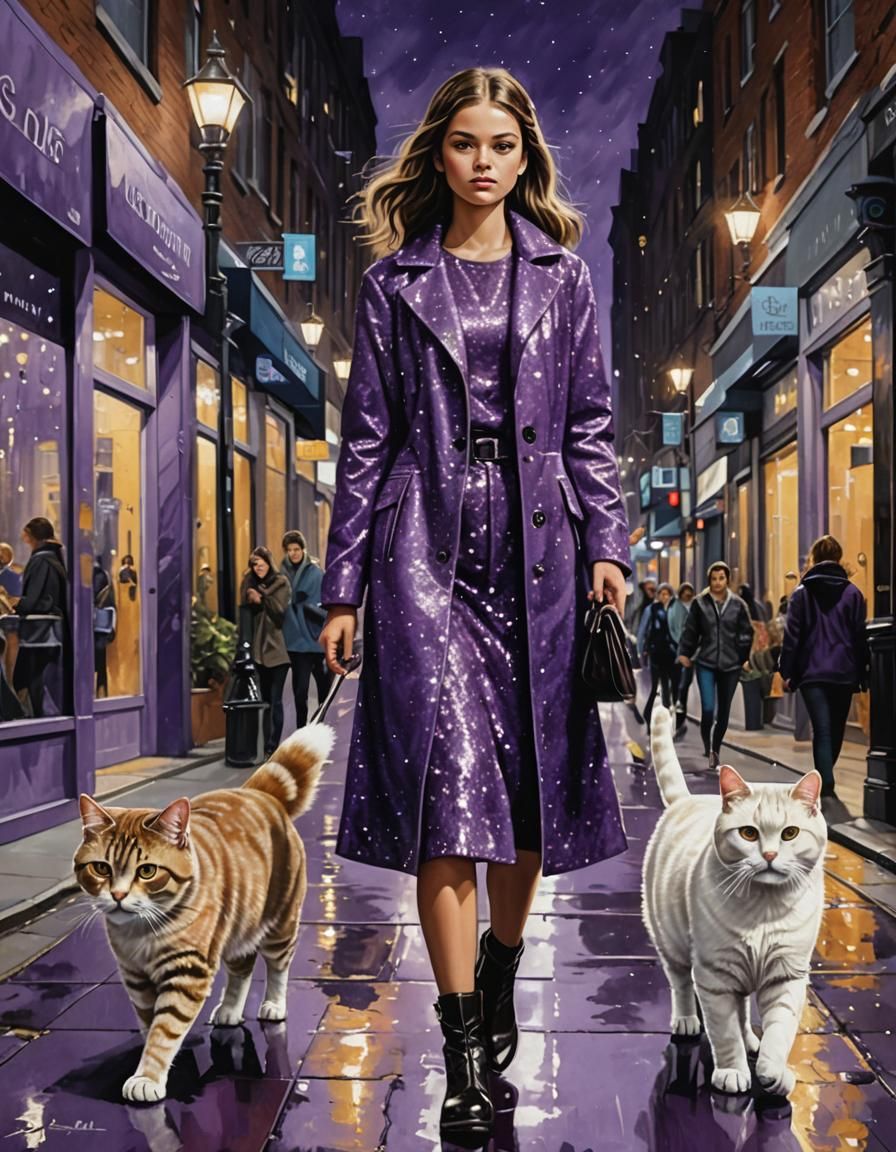 Girl with Cats in Paris at Night