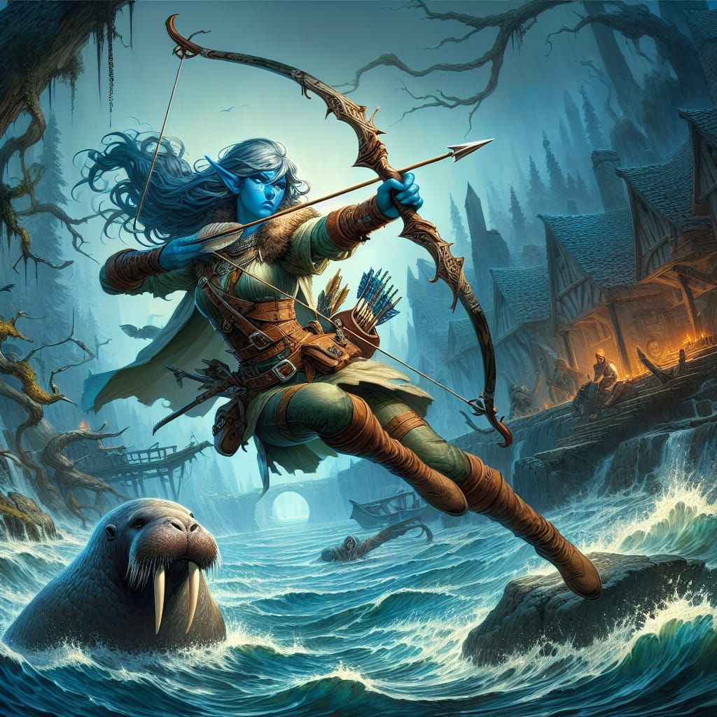 Triton Elf Archer Leaping from River, D&D Illustration