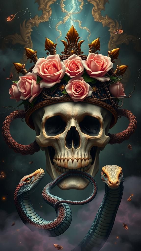 Regal Skull with Roses and Cosmic Serpents