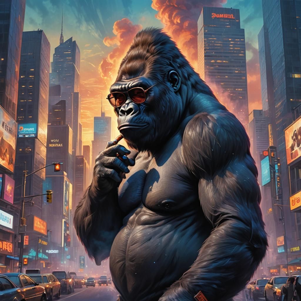 Gorilla Smoking Cigar in Cityscape, Matte Painting