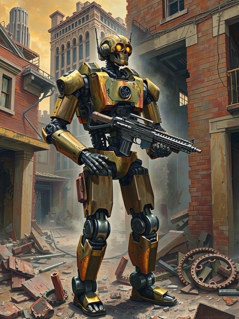 Robot Hero in Post-Apocalyptic Wasteland, in Rockwell Style