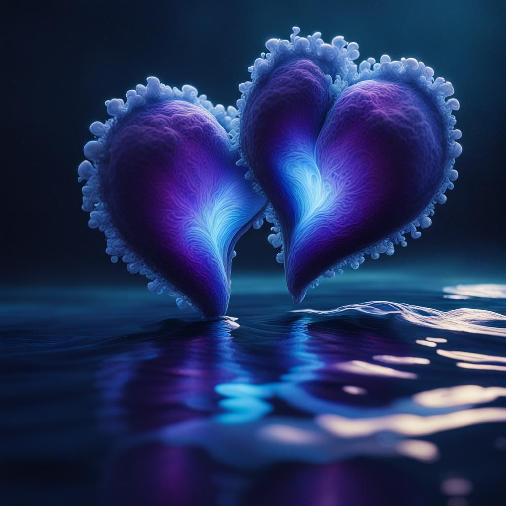 Bioluminescent Hearts Floating in Deep Blue Ocean