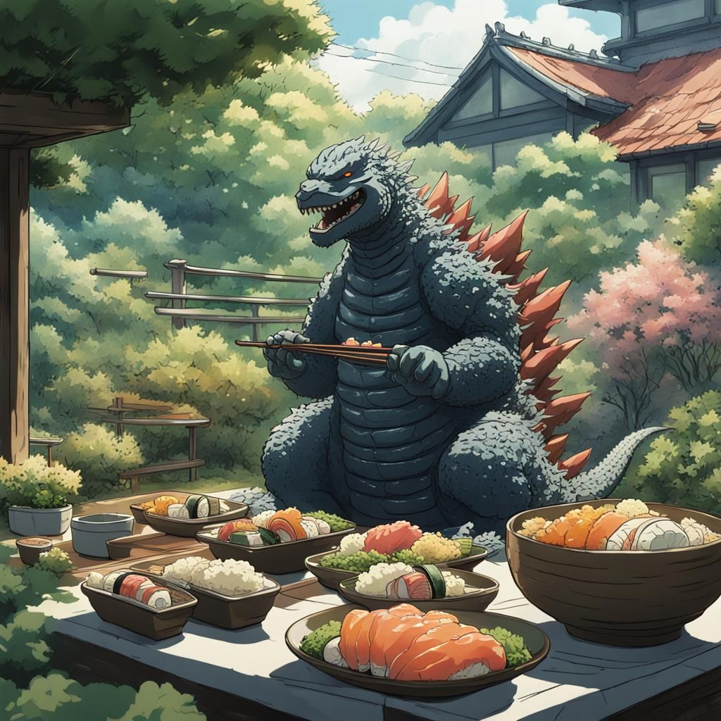 Godzilla Enjoys Sushi in Ghibli-Style Garden