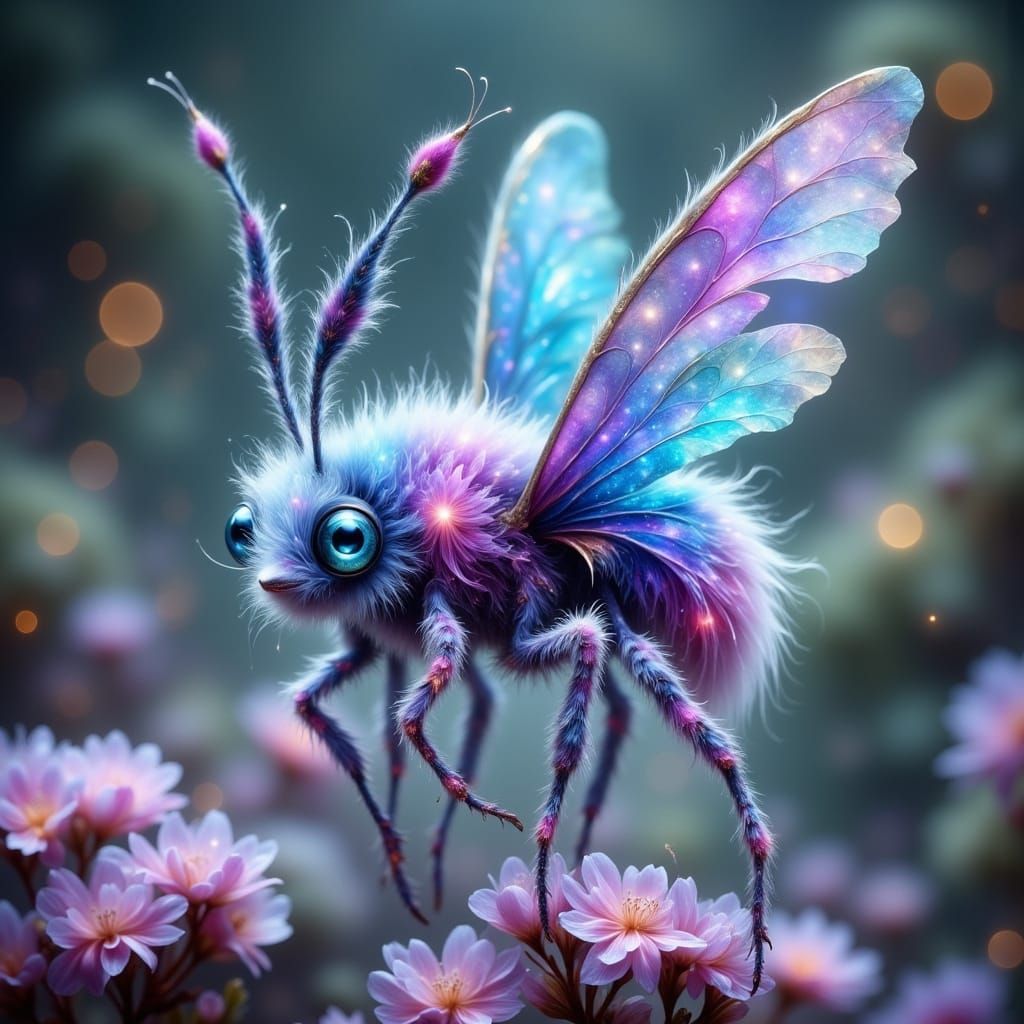 Six-Legged Fairy with Iridescent Wings and Shimmering Eyes