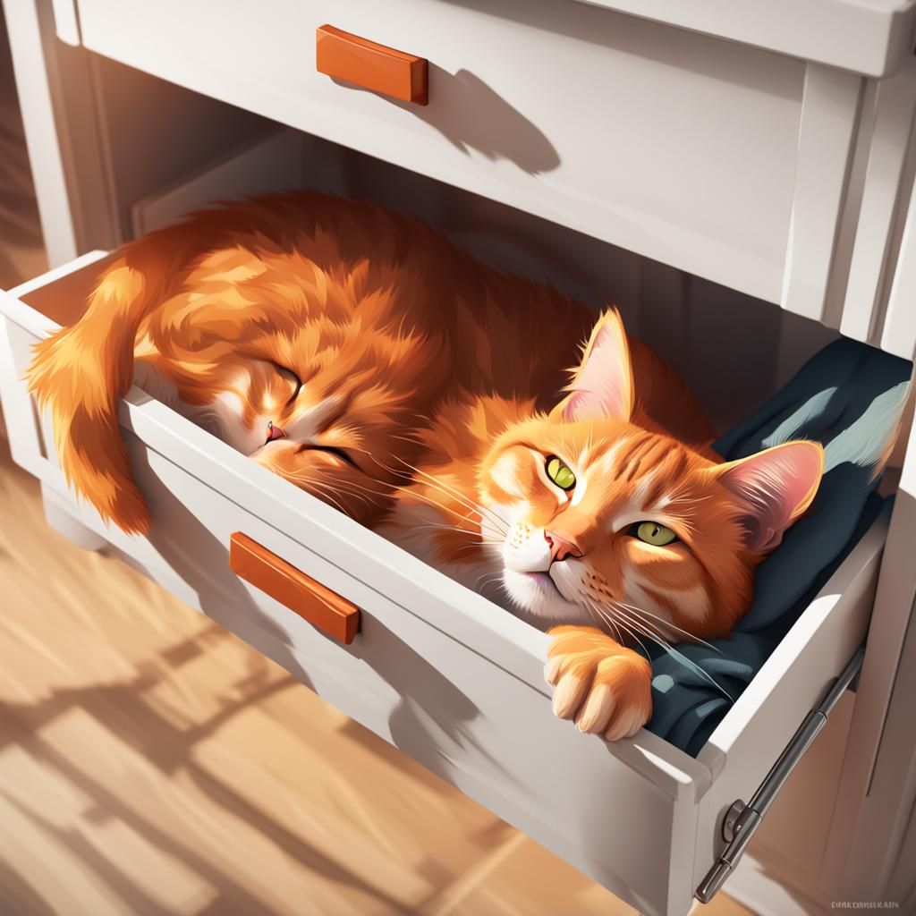 Orange Cat Portrait in Clothes Drawer, Digital Art