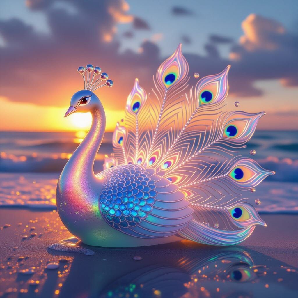 Sea Glass Peacock Sculpture Glowing at Sunset