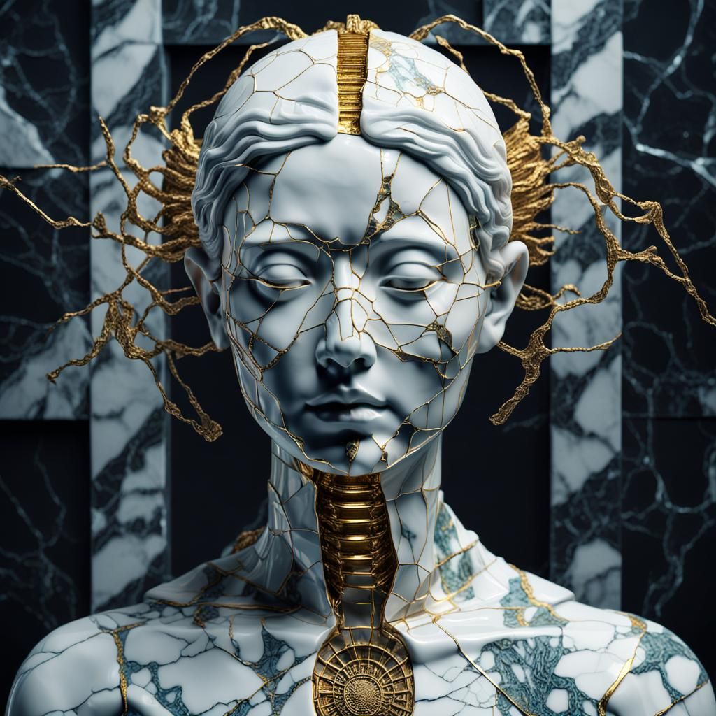 Cyborg Sculpture with Kintsugi in Surreal Desert