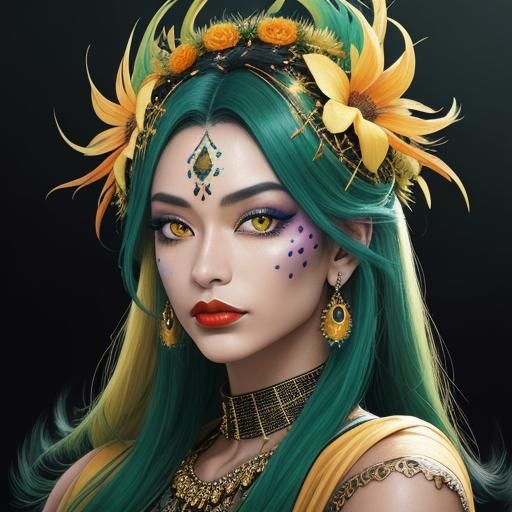 Abstract Portrait of Woman with Gold Skin and Feathers