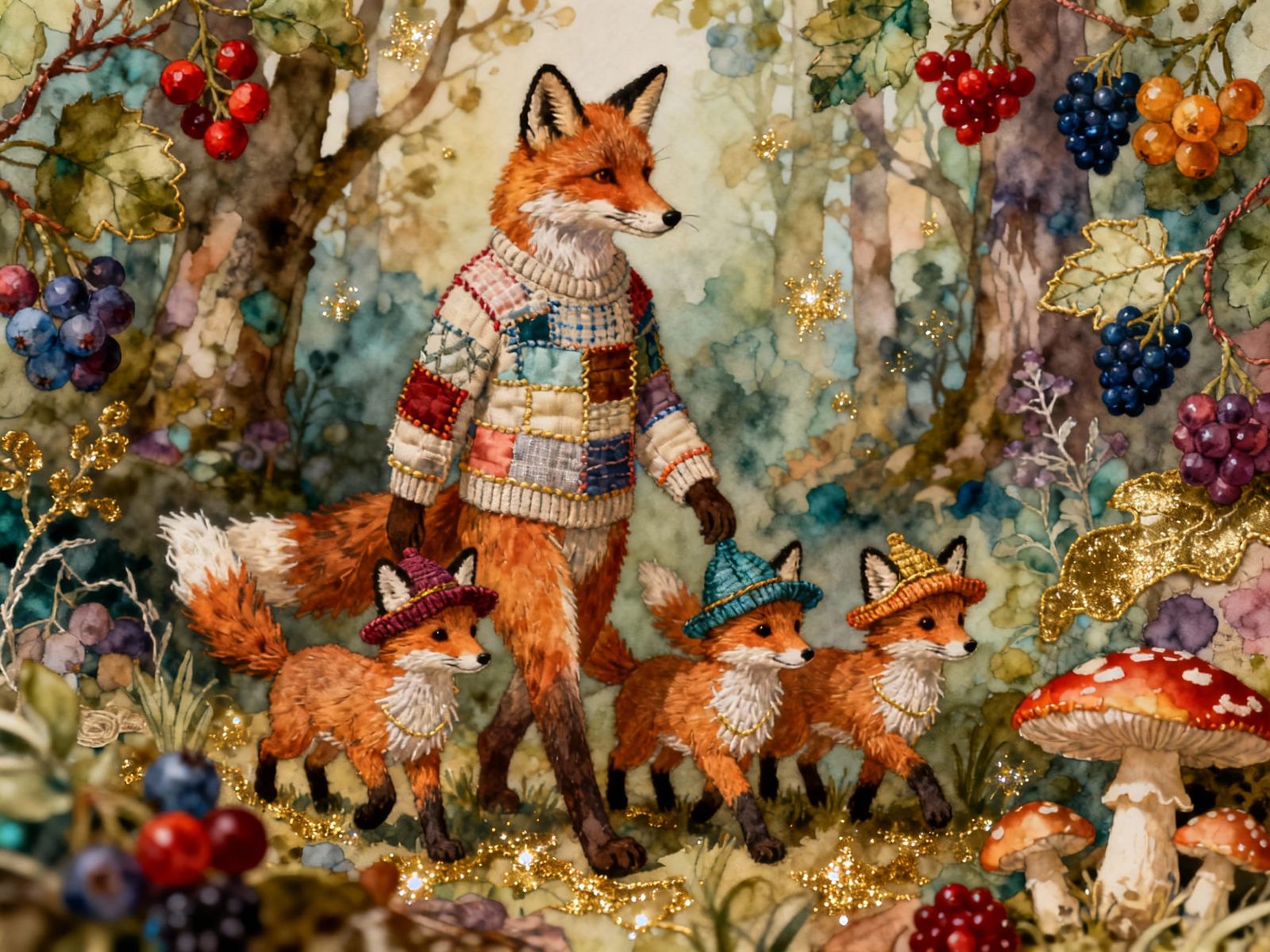 Anthropomorphic Foxes in a Magical Forest Collage