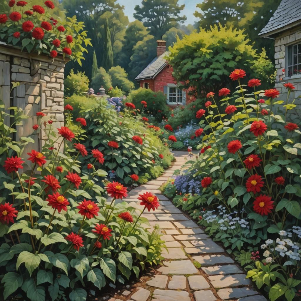 Red Dahlia Bloom in Cottage Garden, Oil Painting Style