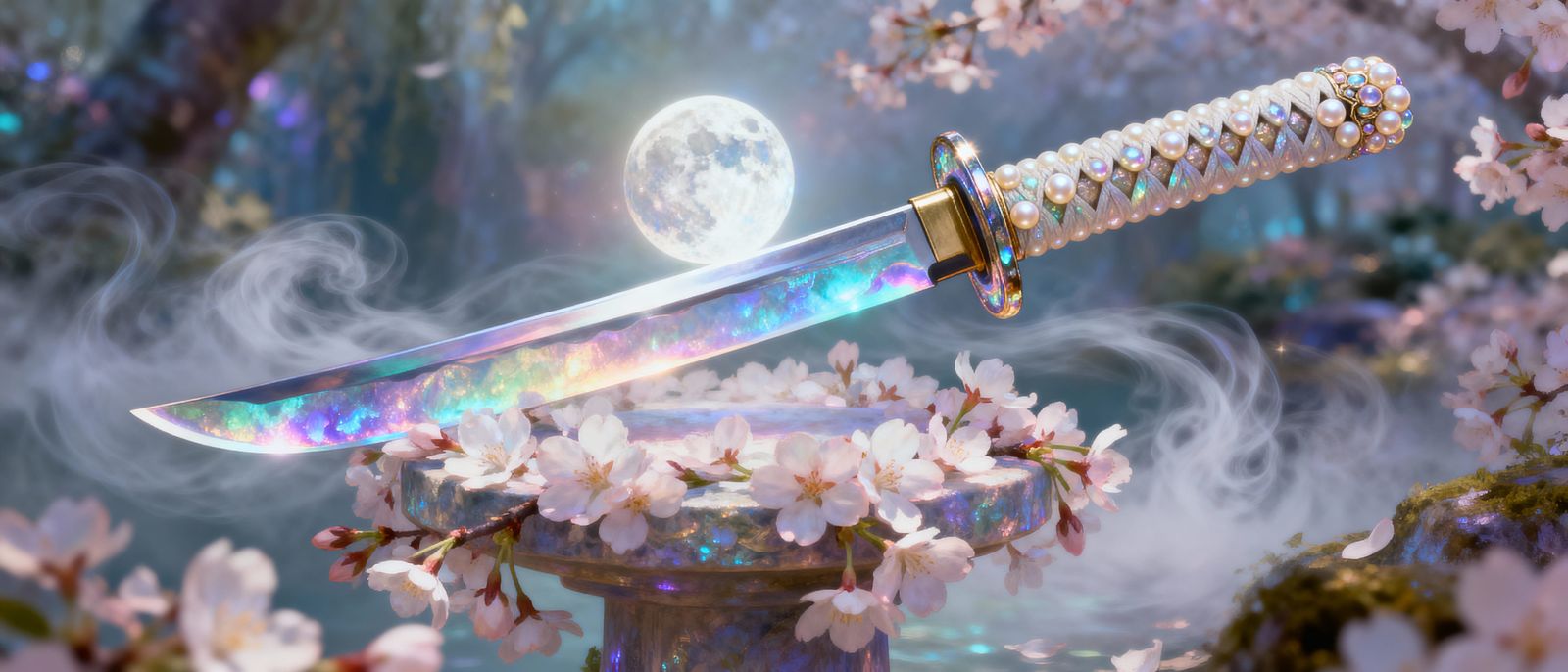Moonstone Katana Amidst Cherry Blossoms